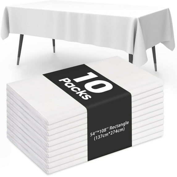 10-Pack Premium Plastic Tablecloth Disposable 54''x 108'', Table Cloth for Retangle Table, Table Cover for Parties, Picnics, Camping, Waterproof & Stain-Resistant, White