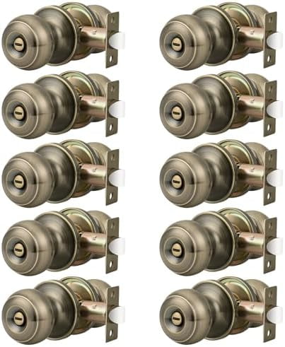10 Pack Privacy Door Knobs Lock Interior Bedroom Bathroom Door Handle Antique Brass Round Ball Keyless Lockset