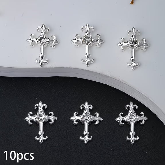 10 Pack Punk Cross Nail Charms - Sparkly Crystal Gemstone Nail Art Accessories for Unique Designs