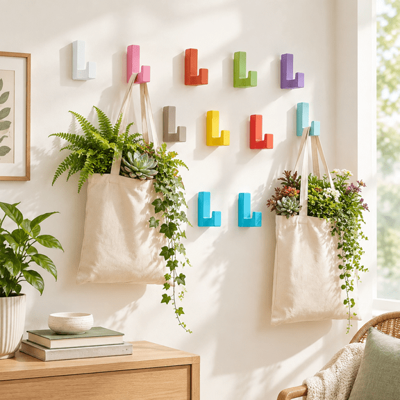 10-Pack Rainbow Wooden Adhesive Wall Hooks for Bathroom and Home Storage