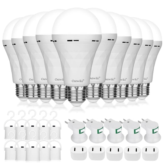 10 Pack Rechargeable Emergency Light Bulbs,Battery Operated Backup Light Bulb for Power Outage Camping Outdoor Hurricane 9W E27 8500K 1200mAh White Self-Charging LED Light Bulbs