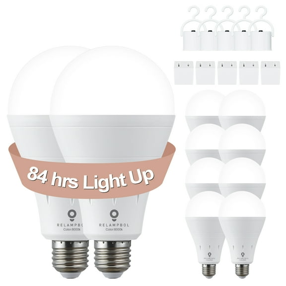 10 Pack Rechargeable Light Bulb Emergency Battery Operated Light Bulbs LED Dimmable 6000K Daylight 9W 800Lumens E26 1200mAh for Power Outage Hurricane Reading