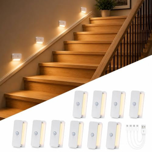 Motion Controlled Led Light 10 Pack Rechargeable Stair Lights Indoor, Motion Sensor LED Night light ...