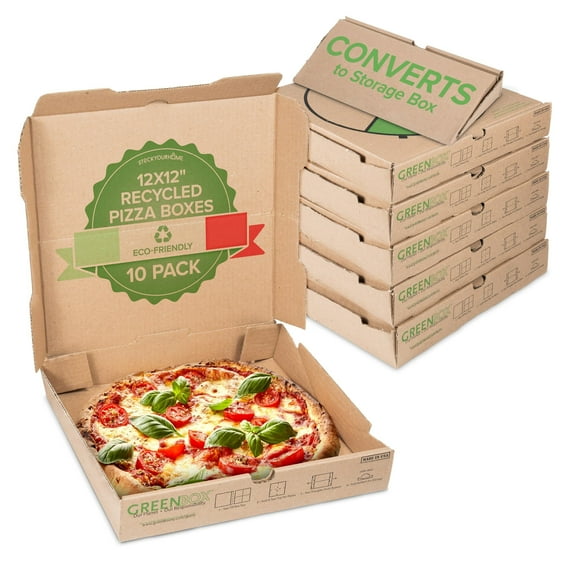 10 Pack Recycled Kraft 12x12 Pizza Boxes with Built-In Plates and Convertible Storage Container – Heavy Duty 12 Inch Boxes for Small Personal Pizzas, Eco Friendly, Stock Your Home