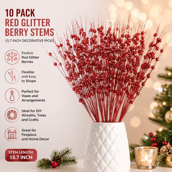10 Pack Red Artificial Glitter Berry Stems 15.7 Inch Christmas Picks Decorative Sticks for Vase Tree DIY Wreath Crafts Fireplace Decor