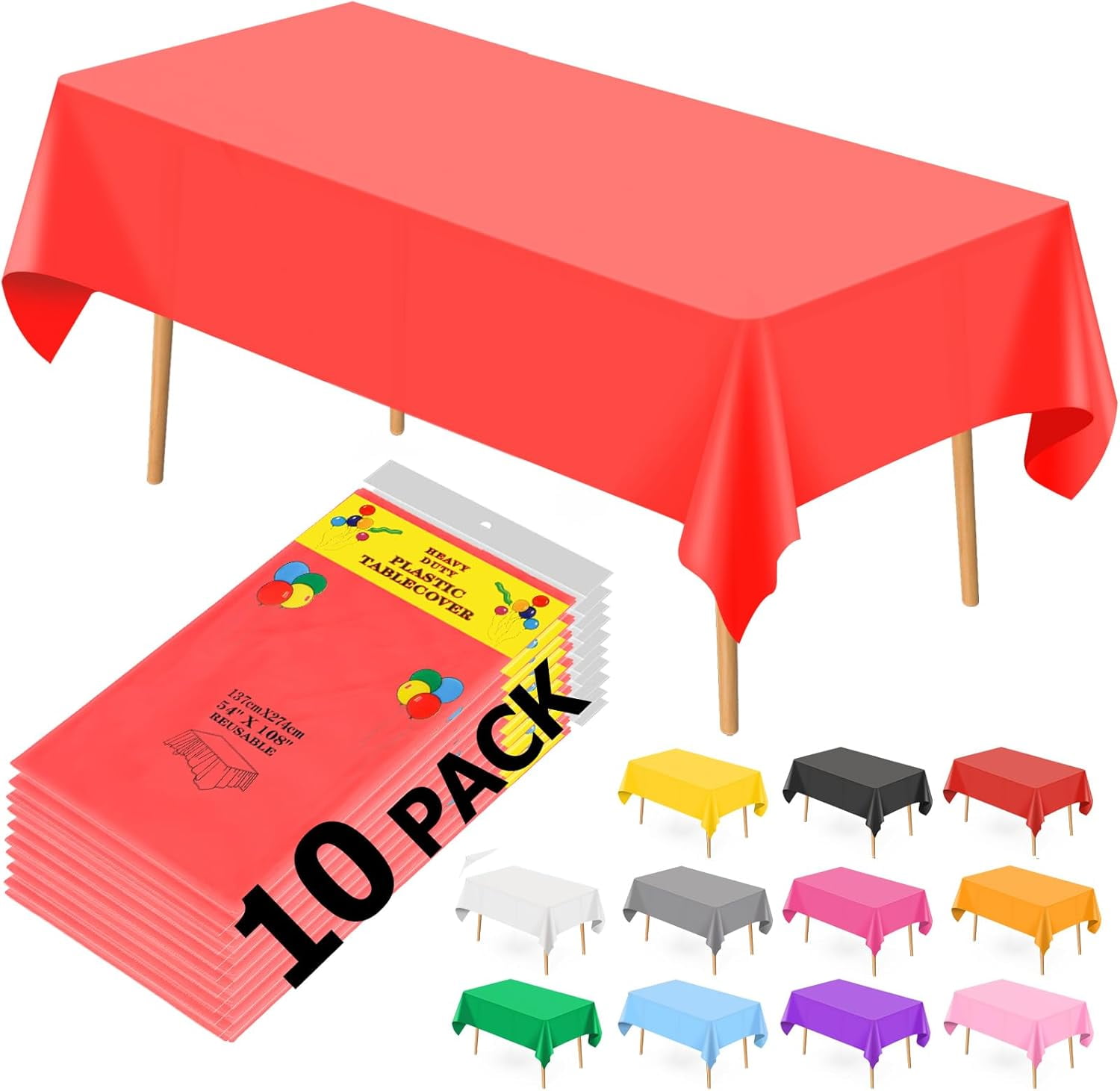 10 Pack Red Plastic Tablecloths for Rectangle Tables, 54 x108 Inch ...