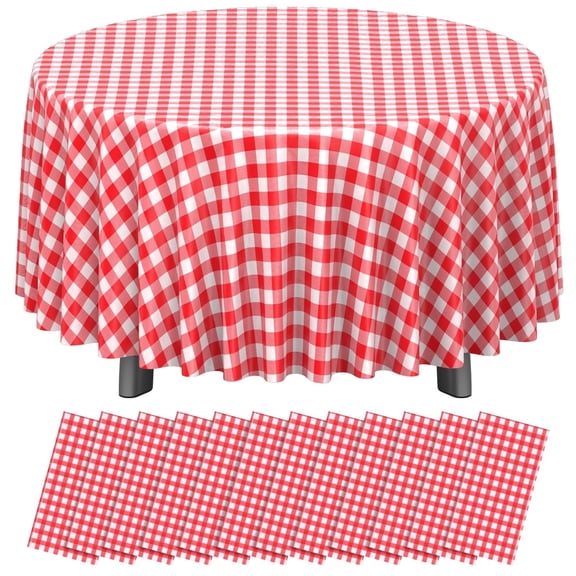 10 Pack Red and White Plastic Checkered Tablecloth Round, Premium Decorative Disposable Red Gingham Plaid Table Cloths for Parties, Round Party Table Cover for Picnic Farm Birthday Wedding, 84 Inch