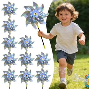 10 Pack Reflective Bird Deterrent Pinwheels, Large Octagonal Mylar Wind Spinner for Garden Orchard Patio, Visual Scare Device with Sturdy Stakes (Plastic)