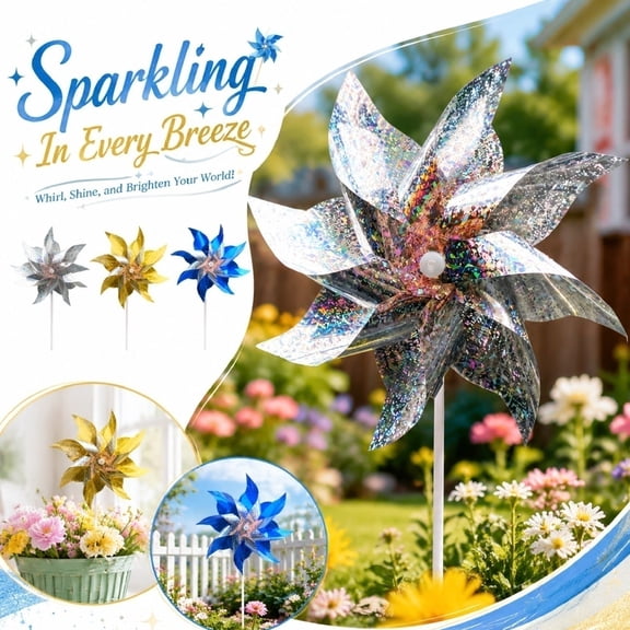 10 Pack Reflective Pinwheels with Stakes (Assembly Required), Extra Sparkly Pin Wheel for Garden Decor, Bird Repellent Devices Deterrent to Scare Birds Away from Yard Patio Farm(C)