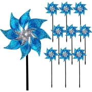 10 Pack Reflective Pinwheels with Stakes, Extra Sparkly Pin Wheel for Garden Decor, Bird Repellent Devices Deterrent to Scare Birds Away from Yard Patio Farm, Blue