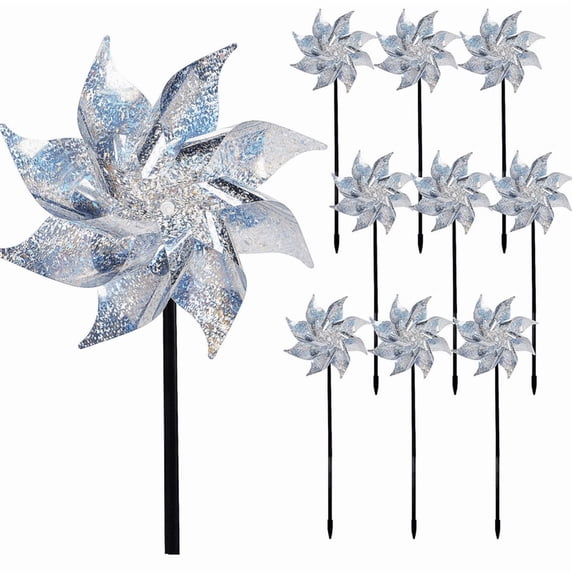 10 Pack Reflective Pinwheels with Stakes, Sparkly Garden Pinwheel, Outdoor Wind Spinner, Vibrant Color Spinner for Outdoor Party Layout and Orchard Greenery Decor A