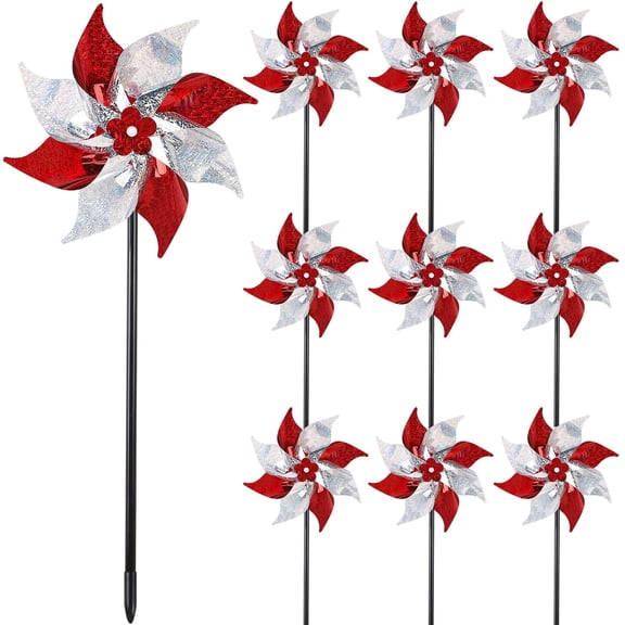 10 Pack Reflective Pinwheels Wind Spinner, Extra Sparkly Rainbow Pinwheel with Stakes, Bird Repellent Blinder Devices Deterrent to Scare Birds Away from Yard Patio Farm Garden, Colorful