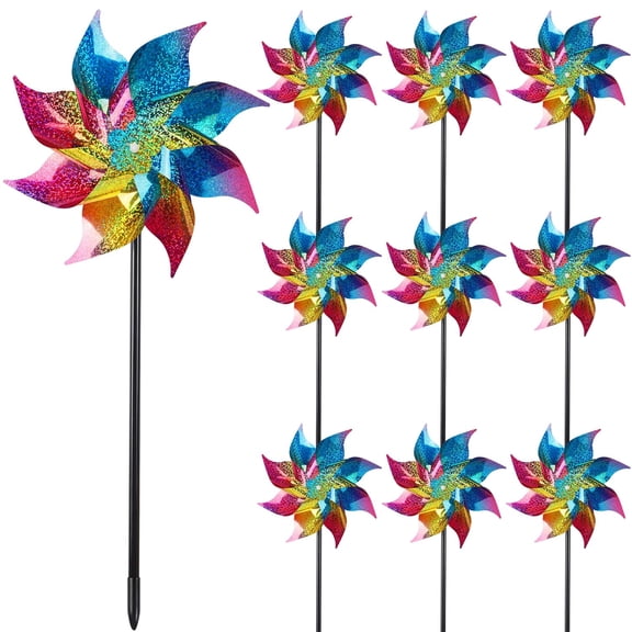 10 Pack Reflective Pinwheels Wind Spinner, Extra Sparkly Rainbow Pinwheel with Stakes, Bird Repellent Blinder Devices Deterrent to Scare Birds Away from Yard Patio Farm Garden, Colorful