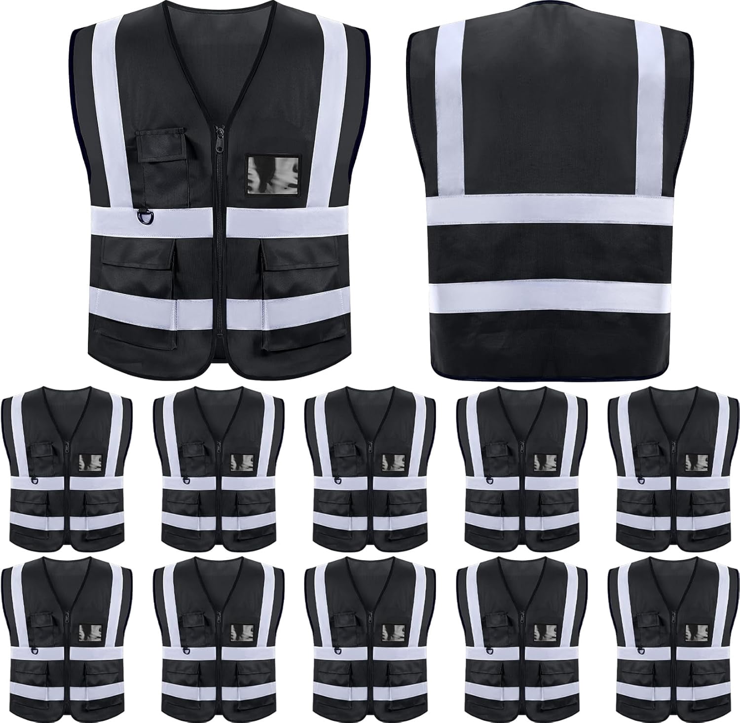 10 Pack Reflective Vests with Pockets and Zipper, Black High Visibility ...