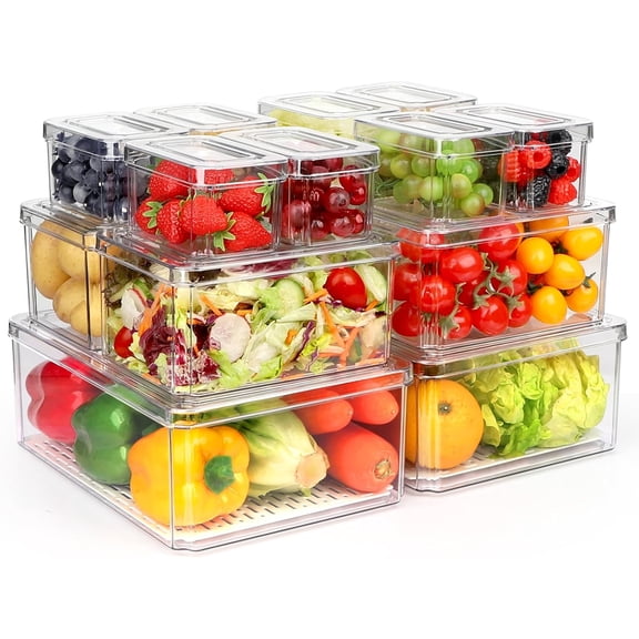 10 Pack Refrigerator Pantry Organizer Bins, Stackable Fridge Organizer Bins with Lids, Clear Plastic Food Storage Bins for Kitchen, Countertops, Cabinets, Fridge, Drinks, Fruits, Vegetable, Cereals
