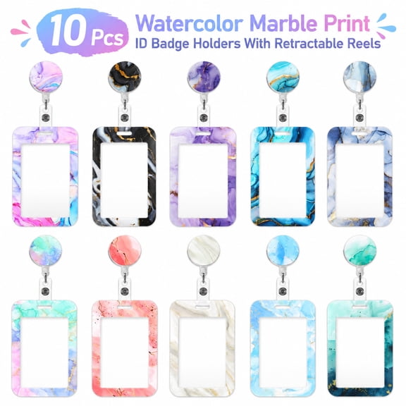 10 Pack Retractable Badge Holder with Clip, Marble, ID Reel for Nurse, Retractable ID Badge Reel with Clip, Marble Badge Holder, ABS Case for Nurse Doctor Teacher Office Work