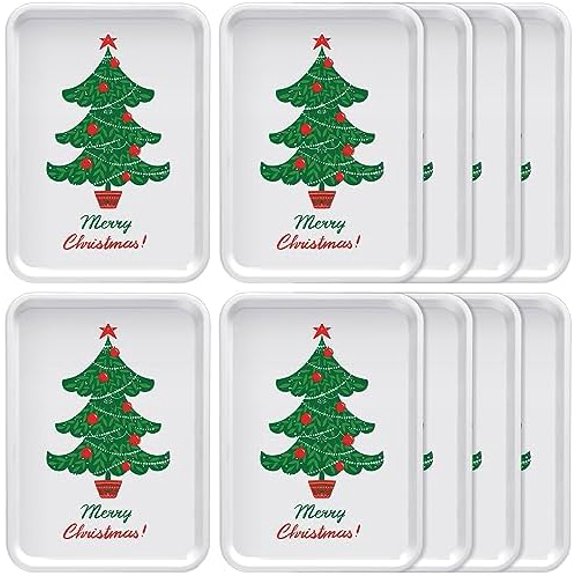 10 Pack Reusable Christmas Serving Trays 13'' x 10" Serving Dishes Heavy Duty Christmas Tree Platter Rectangle Plate Plastic Appetizer Trays for Holiday Xmas Party Cookies Food Dessert