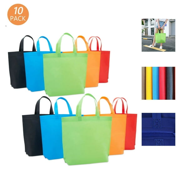 10 Pack Reusable Grocery Bags, Non-woven Fabric Tote Favor Bag Set, 5 Colors, 15 x 12.5 in