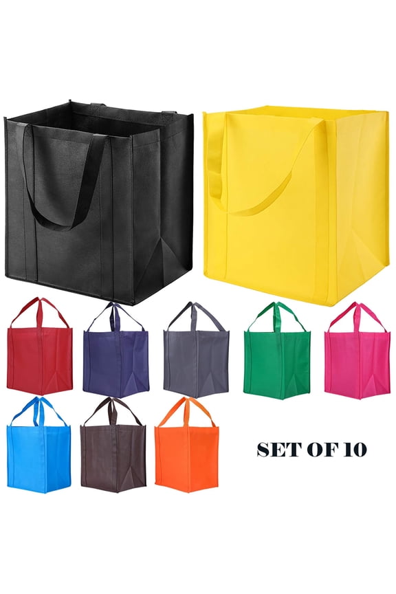 10 Pack Reusable Reinforced Handle Grocery Bags - Heavy Duty Large Shopping Totes with Thick Plastic Bottom can hold 40 lbs