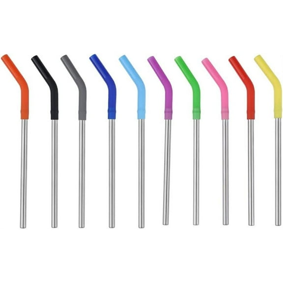 10-Pack Reusable Stainless Steel Metal Straws With Silicone Flex Tips Elbows Cover - Reusable Stainless Drinking Straws - Dishwasher Safe - Ecofriendly