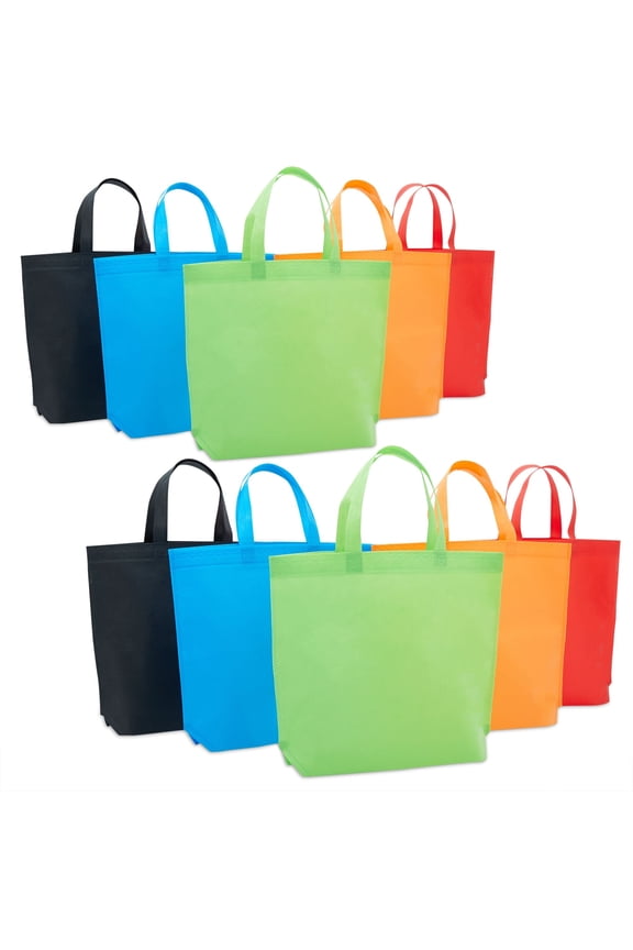 10 Pack Reusable Tote Bags with Handles for Shopping, Bulk Cloth Bags for Groceries (15x12.5 in, 5 Assorted Colors)