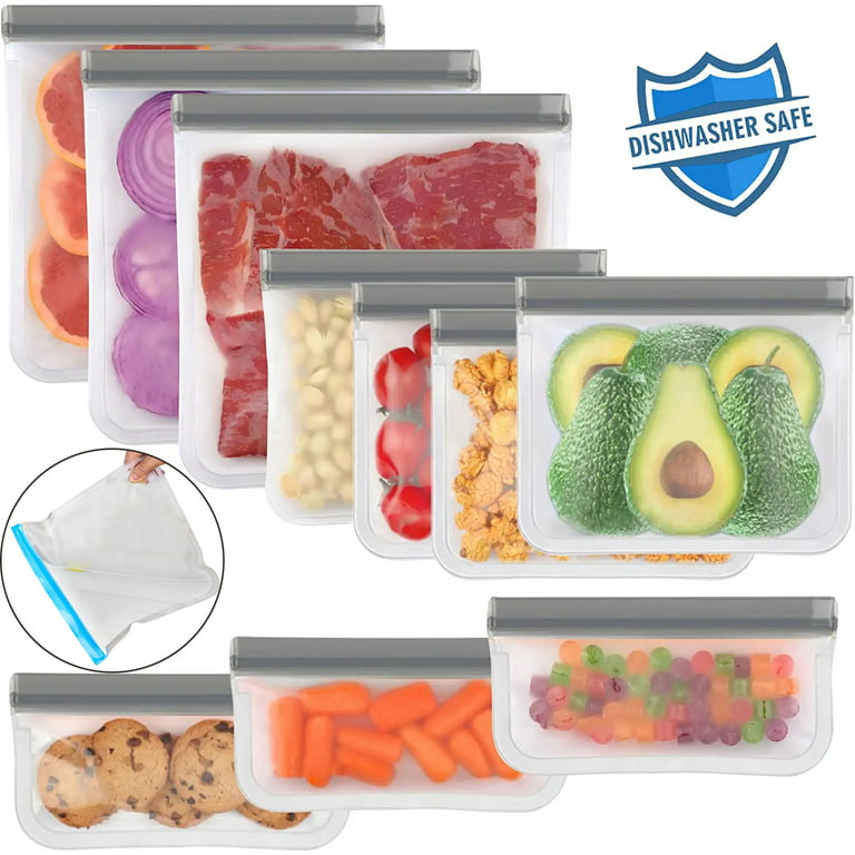 10 Pack Reusable Ziplock Bags Silicone, Leakproof Reusable Freezer Bags,  BPA Free Reusable Storage Bags for Lunch Marinate Food Travel(Grey) - 3  Gallon 4 Sandwich 3 Snack Bags 