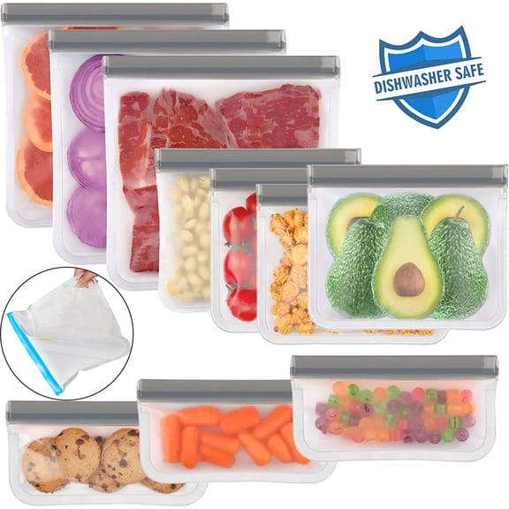 10 Pack Reusable Ziplock Bags Silicone, Leakproof Reusable Freezer Bags, BPA Free Reusable Storage Bags for Lunch Marinate Food Travel(Grey) - 3 Gallon 4 Sandwich 3 Snack Bags