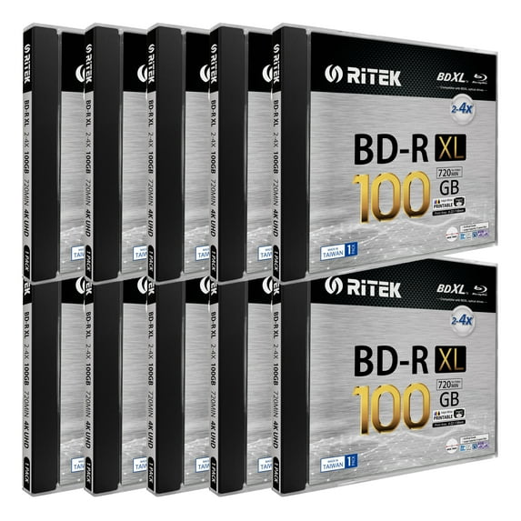 10 Pack Ritek BD-R XL BDXL 100GB Archival Grade Triple Layers 4X White Inkjet Hub Printable Blank Disc w/Standard Jewel Case