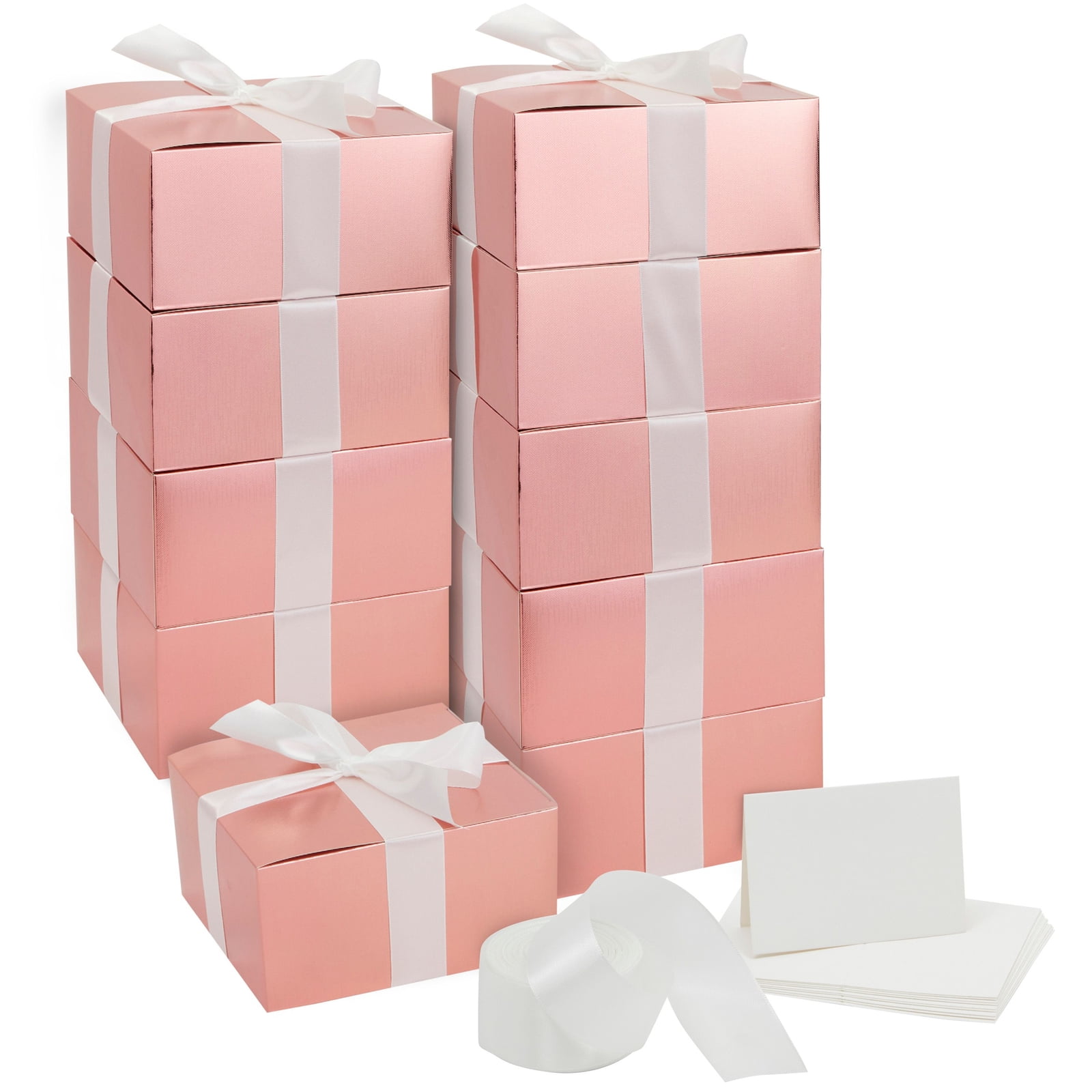 10 Pack Rose Gold Gift Boxes with Lids, Ribbon and Blank White Greeting