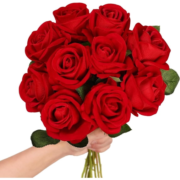 Zukuco 10 Pack Artificial Roses Fake Rose Silk Flowers with Stem Floral Gift for Wedding Arrangement Party Home Decor (Red)