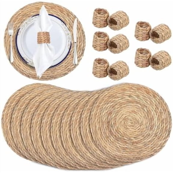 10 Pack Round Woven Placemats with 10 pcs Napkin Rings, Natural Water Hyacinth Place Mats, 13 inch Rattan Placemat Rustic Farmhouse Dinner Table Place Mat, Heat-Resistant Wicker Placemats