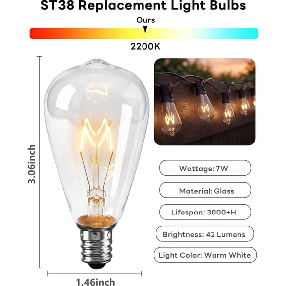 10 Pack ST38 Edison Replacement Bulbs, 7W Clear Glass Bulbs, E12 Base, String Light Replacement Bulbs for Outside Patio Garden Wedding Decor, Warm White