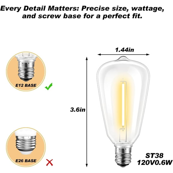 10-Pack ST38 LED Replacement Bulbs Shatterproof Dimmable Vintage Edison Bulbs 0.6W E12 Base 2700K Warm White for Quick String Light Repair Small Patios and DIY Projects
