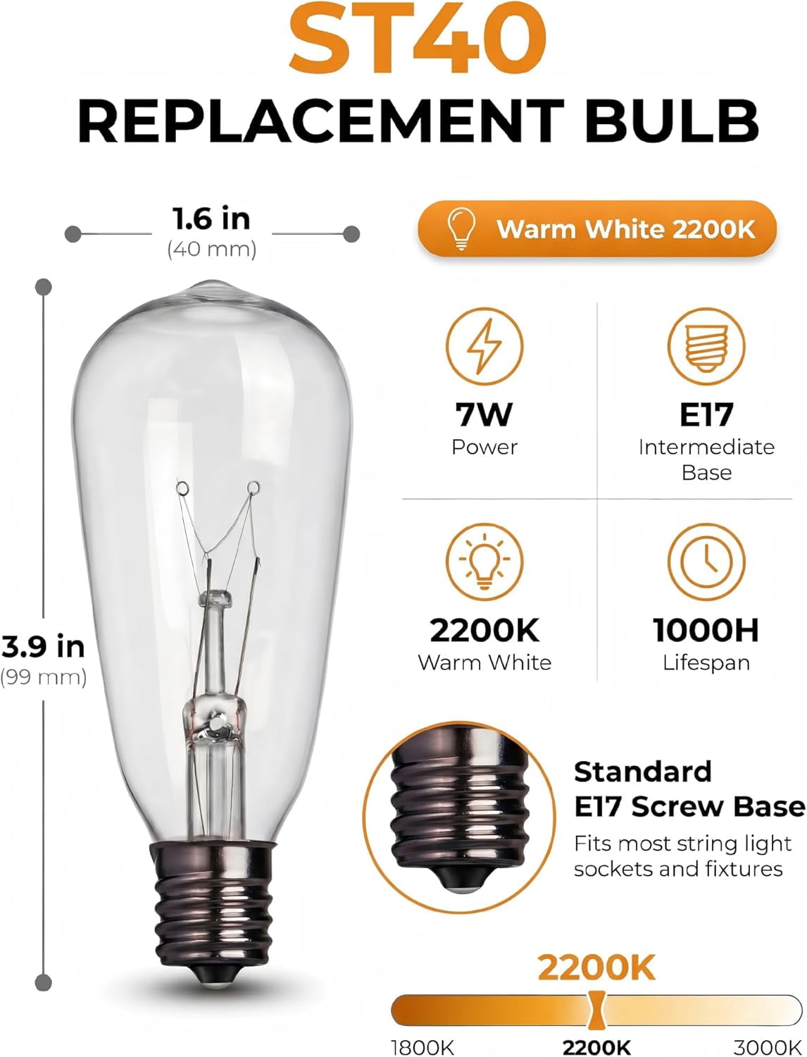 10 Pack ST40 Replacement Bulbs for Outdoor String Lights, 7W E17 Intermediate Base Clear Incandescent Edison Bulbs for Indoor Outdoor Patio Backyard Decor, Warm White
