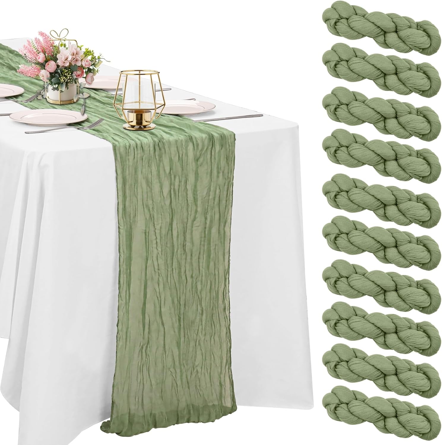 10 Pack Sage Green Cheesecloth Table Runner 10FT Boho Gauze Fabric Vintage Rustic