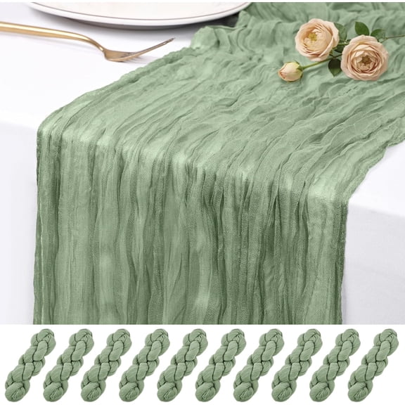 10 Pack Sage Green Cheesecloth Table Runner 17x108 Inch Semi Sheer Boho Rustic Gauze Cheese Cloth Table Runners for Wedding Party Birthday Baby Shower Home Décor