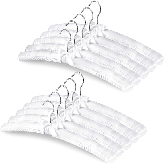 10 Pack Satin Padded Hangers, 17 Inch Large Anti Slip Cushioned Hanger, White Satin Hangers for Women, No Shoulder Bump Bride Hanger for Wedding Dress Sweaters Coat Women Clothes