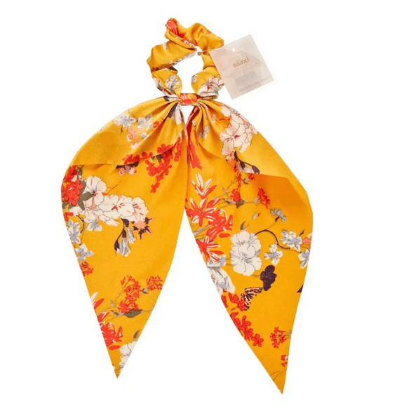 10 Pack Scarf Satin Scrunchie, Soft Gentle Satin, Attached Scarf for Stylish Ponytails, Buns, Prevents Hair Breakage, Frizz, Adds Elegant, Playful Pop of Color to Outfit, Bulk, Yellow Floral Design