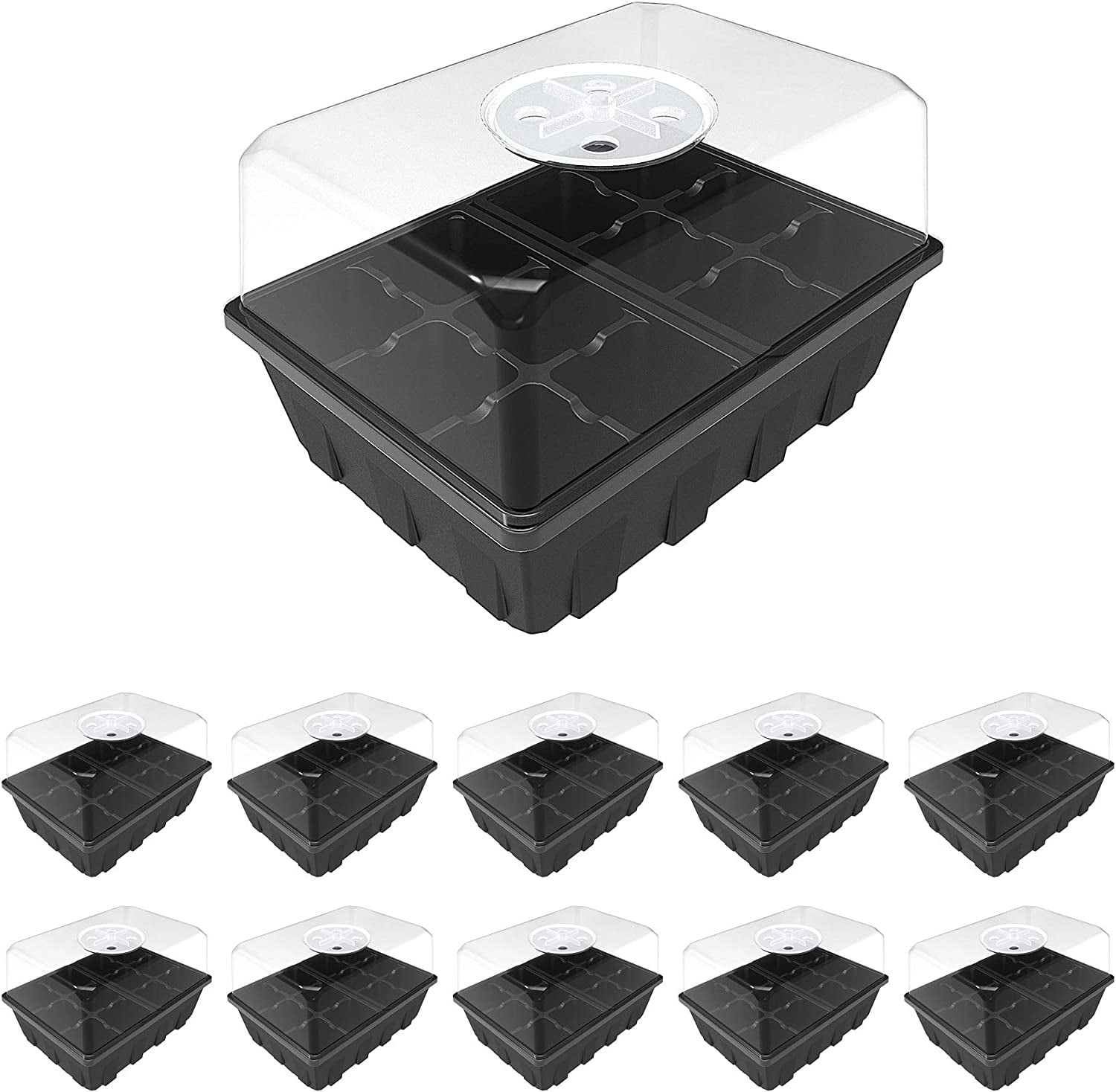 10 Pack Seed Starting Tray, Plant Germination Trays, Seed Starter Kit with Adjustable Humidity Vented Dome, Plant Growing Kit 6.6" x 4.5", Total 120-Cell, Black