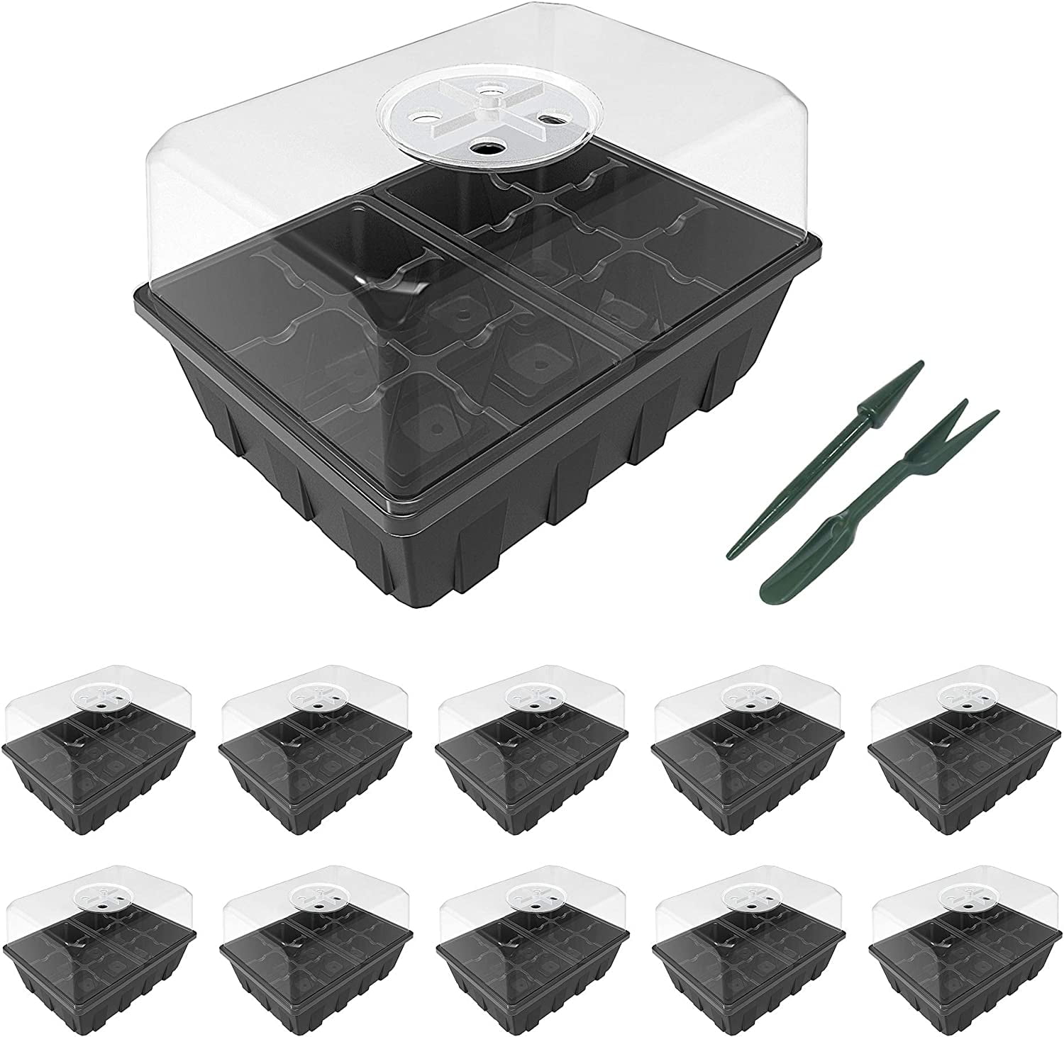 10 Pack Seed Starting Tray, Plant Germination Trays, Seed Starter Kit with Adjustable Humidity Vented Dome, Plant Growing Kit 6.6" x 4.5", Total 120-Cell, Clear