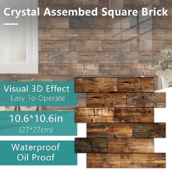 10 Pack Self Adhesive 3D Faux Brick Wall Panels, 11.8 x 11.8 Inch Removable Waterproof Brick Wall Stickers, Vintage Brown Decorative Wall Decals for Kitchen Backsplash Fireplace Home Wall Decor