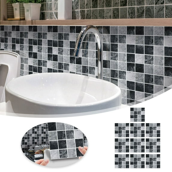 10-Pack Self-Adhesive Wall Tile Panels for Kitchen Backsplash, Peel-and-Stick Back Panels for Bathroom Fireplace and Cabinets - Grey