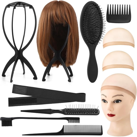10 Pack Set 2 Wig Stand with 5 count Wig Brush Comb Hat Wig Holder Set for for Travel Use