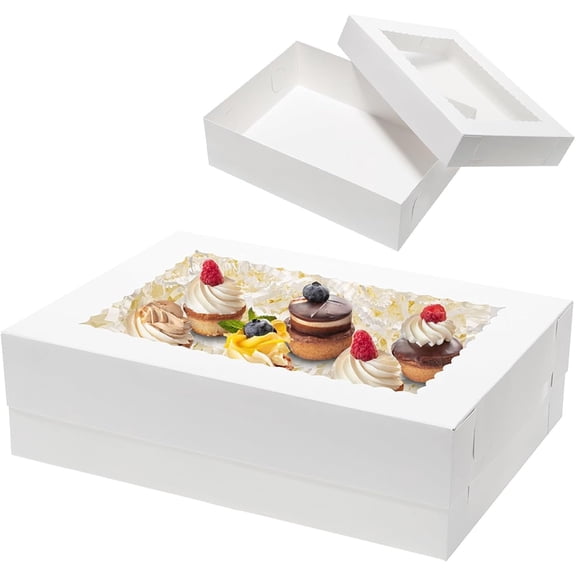 10 Pcs Rectangle Cake Boxes with Window, 19x14x4 Inch White Bakery Boxes for Pastry, Cake, Cupcakes, Donuts, Cookies and Pie Treat Packaging