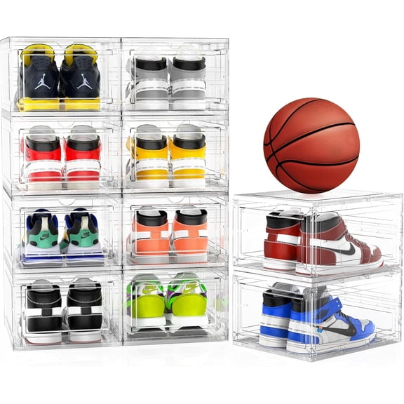 SYNYLIIFE 10 Pack Shoe Box Organizer, Stackable Plastic Shoe Box with Magnetic Front Door, Shoe Storage Box Containers,For Display Sneakers,Easy Assembly,Fit up to US Size 12, White