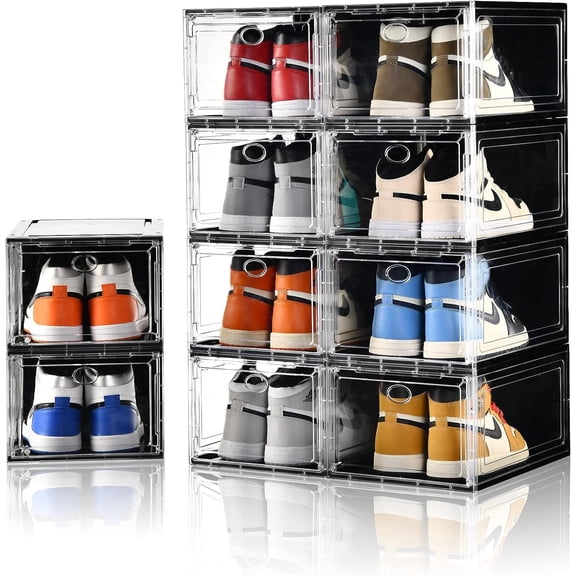 10 Pack Shoe Boxes Stackable,Upgraded Sturdy Storage Boxes with Clear Magnetic Door,Multifunctional Sneaker Organizer Fit up to US Size 12 (13.8x 9.84x 7.1)