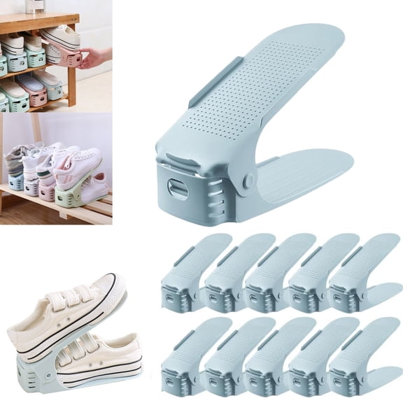 10 Pack Shoe Slots Organizer, Adjustable Height Double Layer Shoe Stacker, Sky Blue Space Saving Shoe Holder Rack for Closet Cabinet Footwear Storage