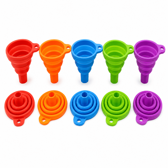 10 Pack Silicone Collapsible Funnels, Small and Large Foldable Kitchen Funnel Set, 5 Colors for Bottles, Jars, Cooking and Baking