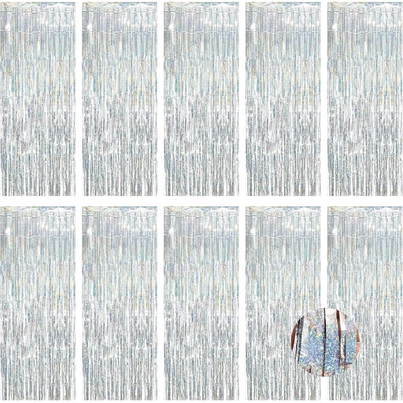10 Pack Silver Foil Curtain Backdrop 3.2ft x 9.8ft Metallic Tinsel Foil Fringe Curtains Streamer Photo Booth Backdrop for Birthday Party Engagement Bachelorette Party Decorations - Sparkle Silver
