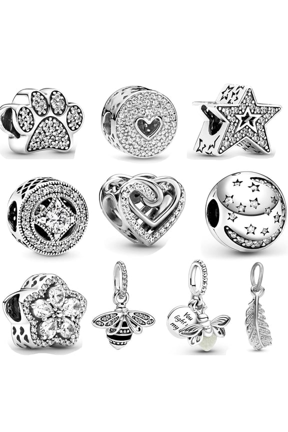 10 Pack Silver Spacer Beads Charms fit Bracelet DIY Bracelet CZ Pendant Set (J)